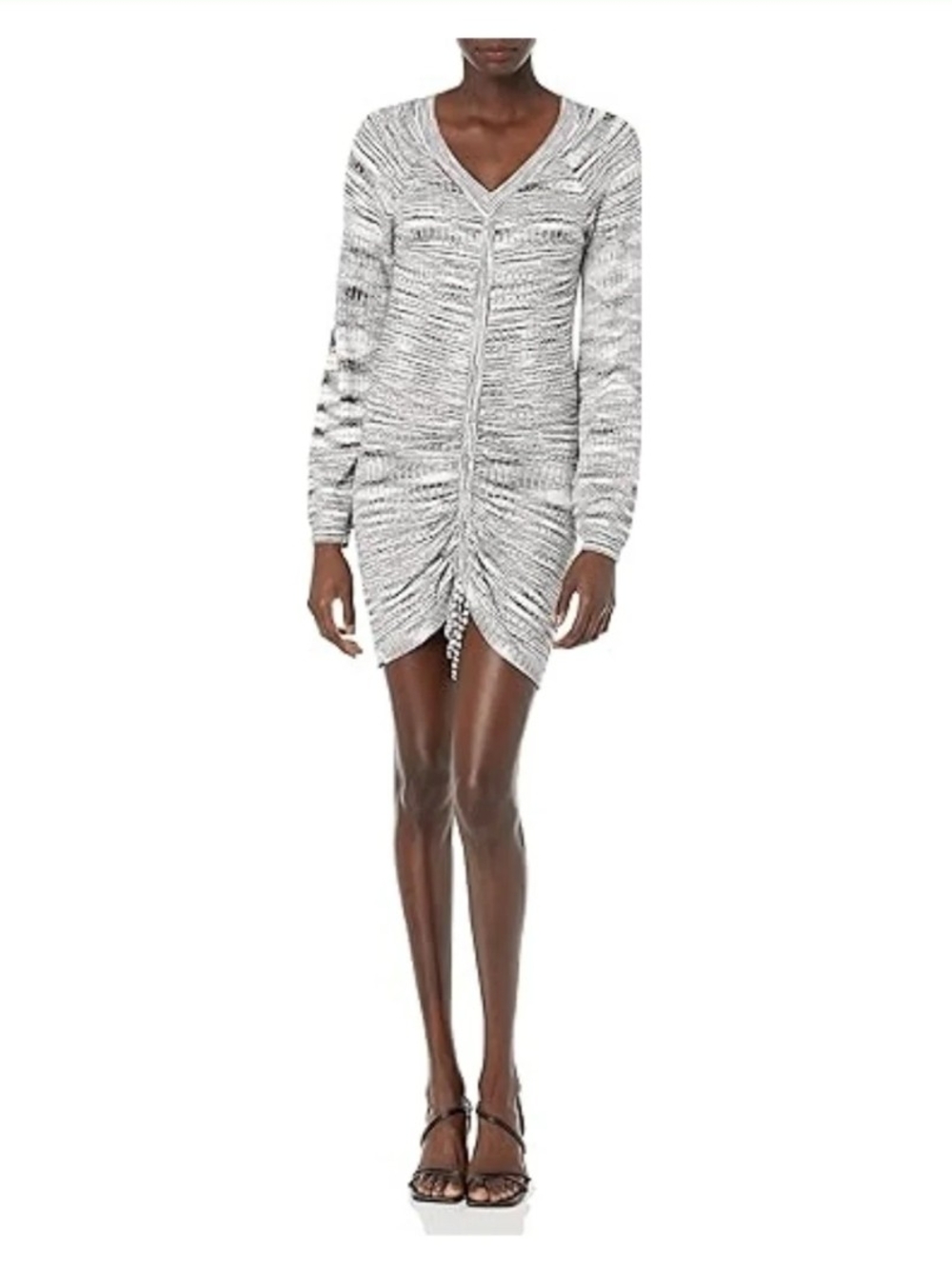 NWT Steve Madden White/Grey Marled Ruched Bodycon V-Neck Long Sleeve Dress S